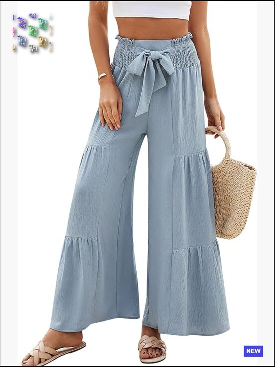Pants - High Waisted Wide Leg Palazzo Pants Casual Flowy Beach Trousers Stretchy